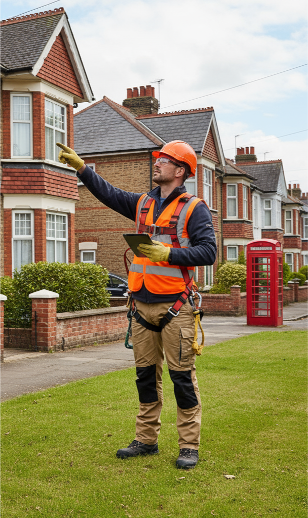 a roofer looking up and pointing at a roof in need of repair